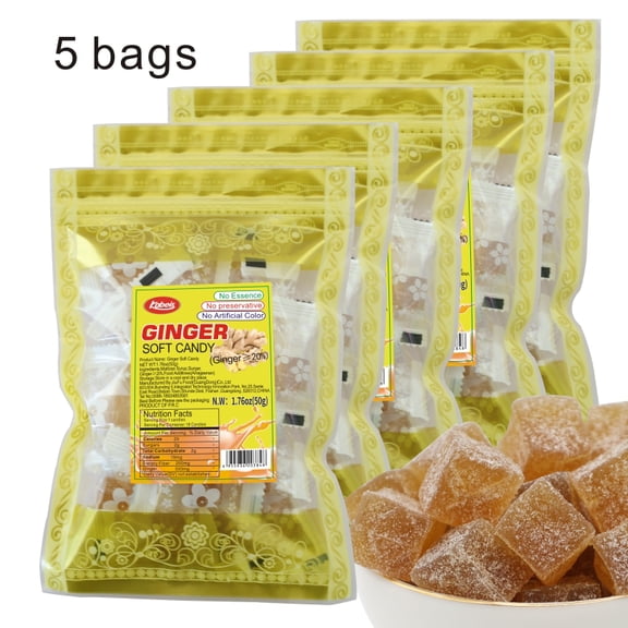 Ginger Soft Chewy Candy Gummy Variety Individual Wrapped Packs,soothing the stomach Candy Jelly Resealable 1.76.oz Per Bag(5 Bags),Perfect Treat for Halloween Parties,Christmas Sprinkles,Gift Bags