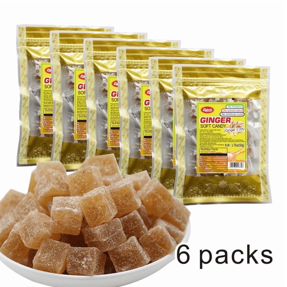 Kabeis Ginger Flavored Chews Chewy Gummy Candy 1.76oz per bag,6 Bags,soothing the stomach