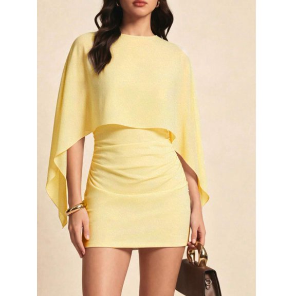 Ginger Solid Color Bat Sleeve Ruched Two-Piece Mini Dress For Evening, Date, Vacation And Daily Wear
