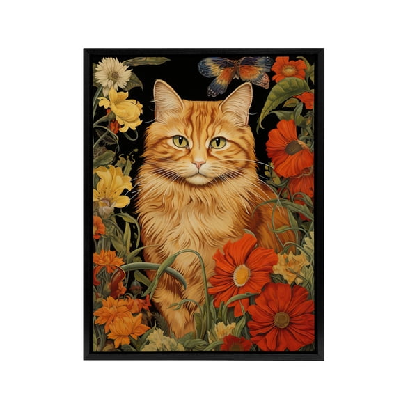 Ginger Tabby Cat Floral Painting Black Framed Canvas Wall Art Print 18X24"