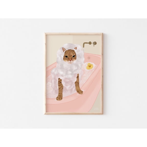 Ginger Tabby Cat In Tub Wall Art Bathroom Decor, Unframed Paper Print Size 8x12