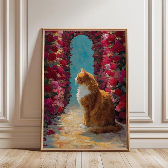 Ginger Tabby Cat Rose Garden Archway Print Romantic Floral Wall Art ...