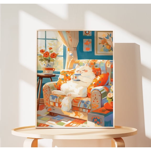 Ginger Tabby Cat Tea Time Art Print, Cozy Kitchen Decor, Afternoon Tea, Stretched Canvas Size 16x24