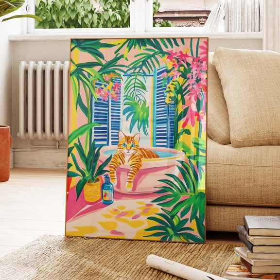 Ginger Tabby Cat in bathtub Funny Bathroom Print Dopamine Wall Art Orange Cat art Matisse