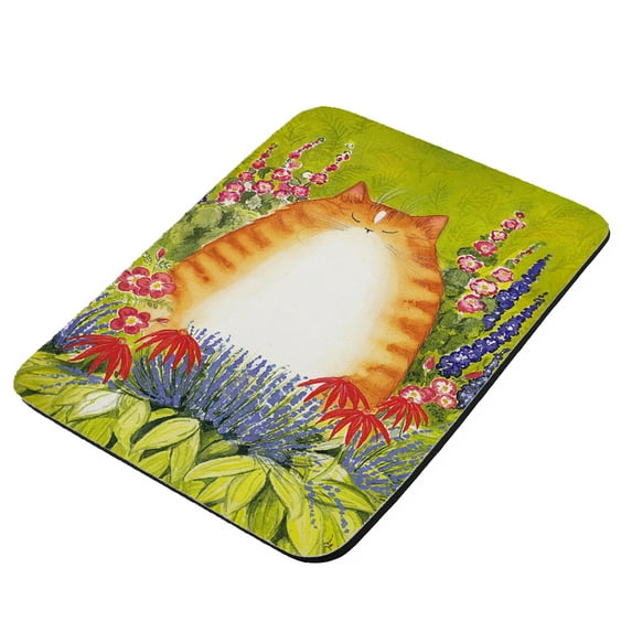 Ginger Tabby Cat with Garden Flowers Art by Denise Every - KuzmarK Mousepad / Hot Pad / Trivet