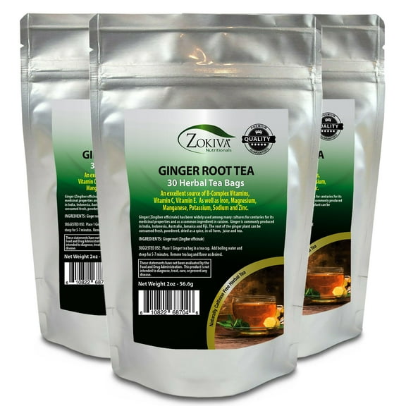 Ginger Tea 3-Pack 100% Pure Root 90 Tea Bags All-Natural Caffeine Free