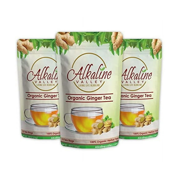 Ginger Tea Organic - 100% Alkaline - 15 Unbleached/Chemical-Free Ginger Tea Bags - Pack of 3 - Caffeine-Free, No GMO