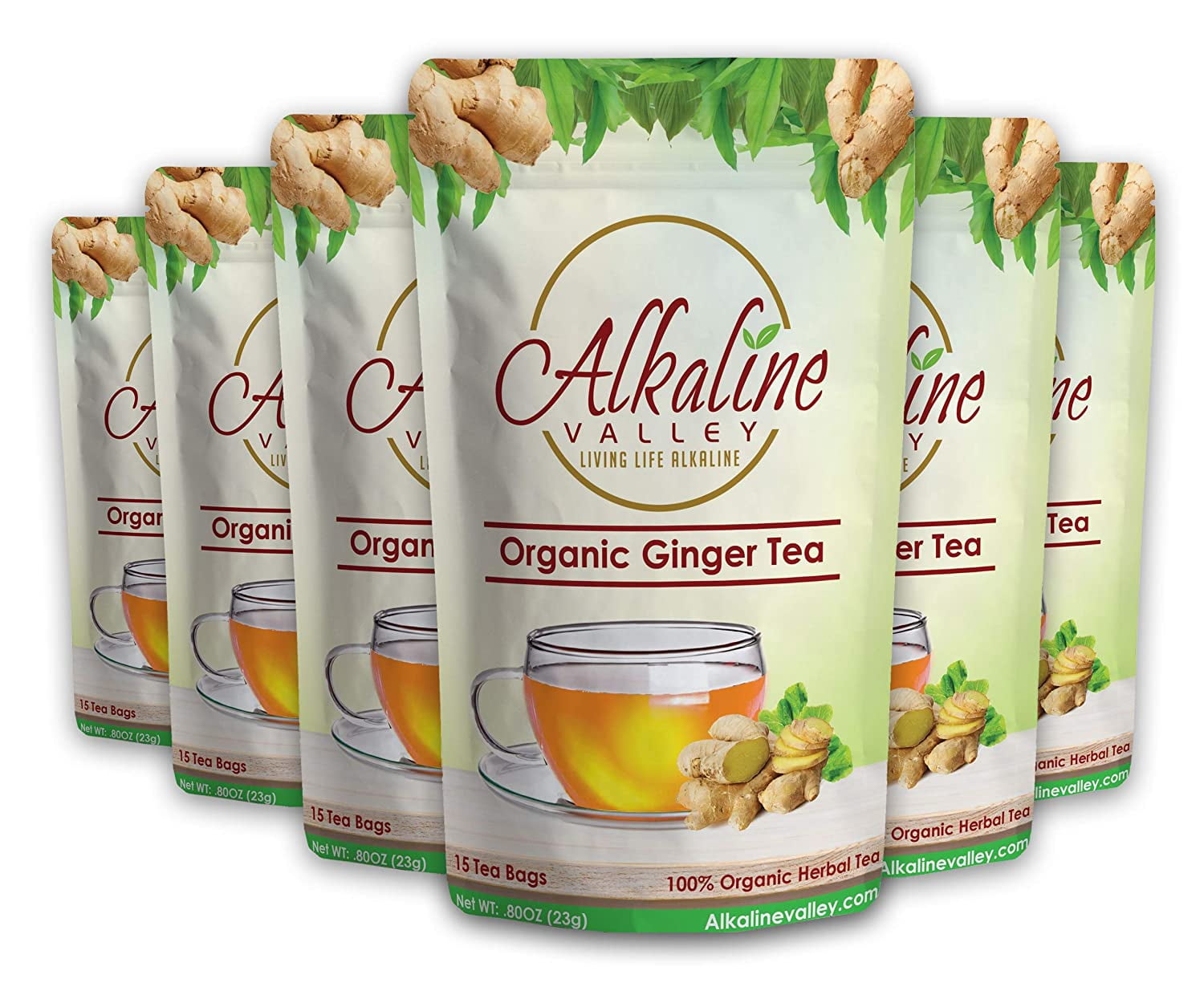 Ginger Tea Organic -15 Unbleached/Chemical-Free Ginger Tea Bags (Pack of 6) - Caffeine-Free, No GMO