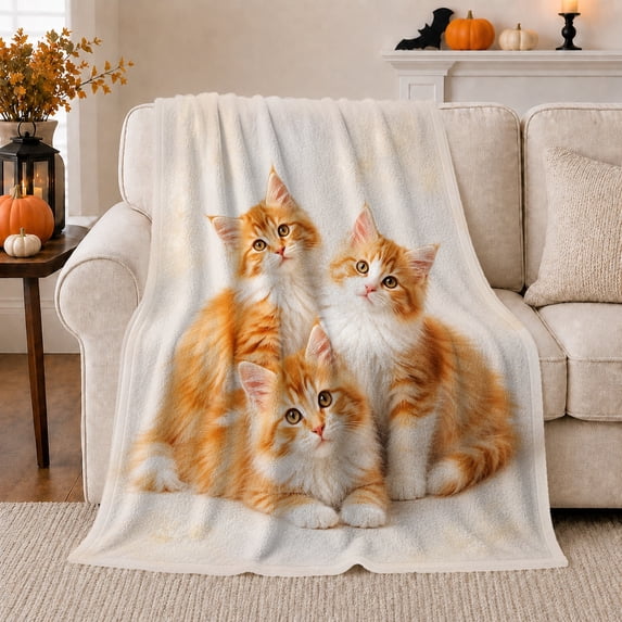 Ginger White Kittens Realistic Painting Style Cat, Cozy Pet Portrait Pattern, Warm Flannel Blanket for Living Room and Bedroom, Cat Lovers Just Because Gift, Pet Lover Home Decor