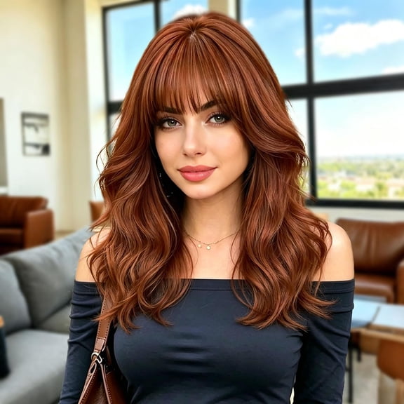 Ginger Wig with Bangs for Women, Natural Looking Layered Wavy Synthetic Wig, 4x4 Realistic Scalp, Heat Resistant Glueless Wig for Daily Wear, 18 Inch