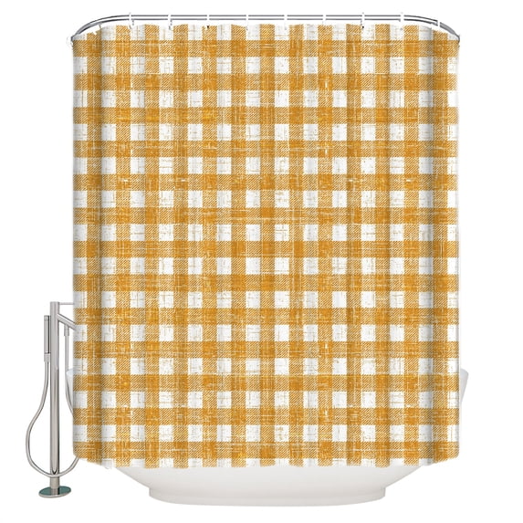 Ginger Yellow Buffalo Plaid Bathroom Shower Curtains with 12 Hooks Polyester Waterproof Shower Curtain for Stalls and Bathtubs Farmhouse Retro Checked Decorative Bathroom Privacy Curtain 66x72 Inches