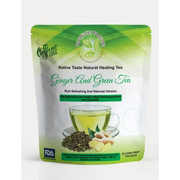 Ginger and Green Tea- 20 Pyramid Corn Fiber Teabags- 100% Sun Dry Cut and Sift Tea Leaves in Pyramid Teabags- 100% Natural Taste and Organic