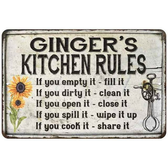 Ginger's Kitchen Rules Chic Sign Vintage Décor 8 x 12 Matte Finish Metal 108120032431