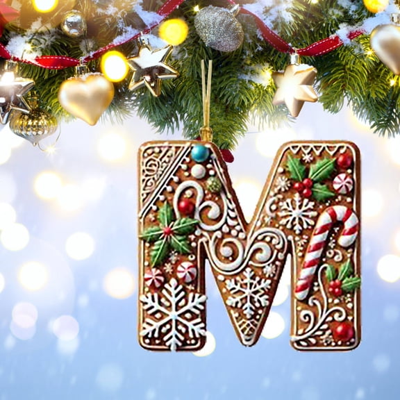Gingerbread Alphabet Ornaments for Christmas Tree, 26 Initial Candy Cane Letter Pendant with Berries Pattern,Mini Monogram Hanging Decorations for Party Gifts DIY Decor