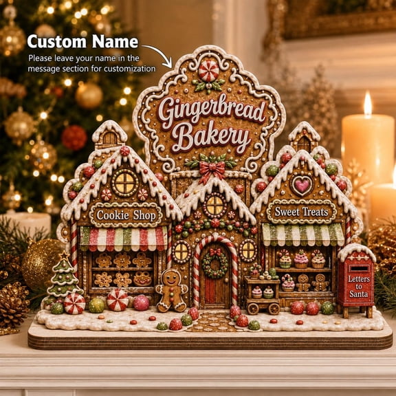 Gingerbread Bakery 2D Flat Wooden Block, Christmas Village Wooden Block, Candy Holiday Shelf Decor Keepsake Gift
