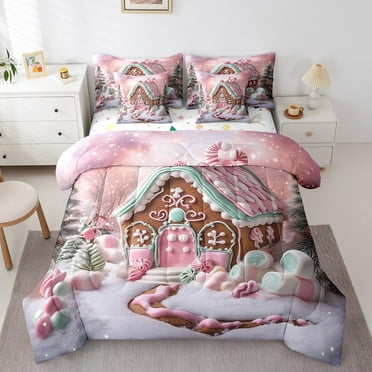 Gingerbread Bedding Set Twin Size 7 Pcs,Dreamy Christmas Bed in a Bag with Flat Fitted Sheet,Xmas Decoration Comforter Set with Pillowcase and Sham,Christmas Ornaments Bed Sheets Set