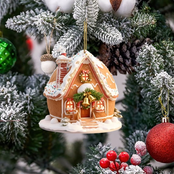 Gingerbread Bell Cottage Hanging Ornament, Snowy Candy House, 3.1 in, for Christmas Tree and Wreath