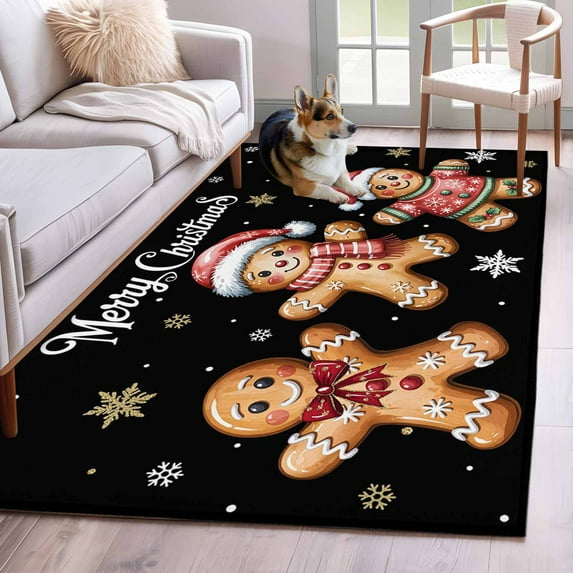 Gingerbread Black Area Rugs 4'x6', Washable Small Throw Rugs for Office Bathroom, Christmas Winter Snowflake Indoor Outdoor Rug Non-Slip Low Pile Carpet Runner Reversible Floor Mats