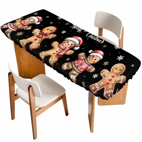 Gingerbread Black Table Cloths for 8 Foot Rectangle Tables, Christmas Winter Snowflake Patio Waterproof Elastic Fitted Tablecloths, Washable Rectangular Table Cover for Camping