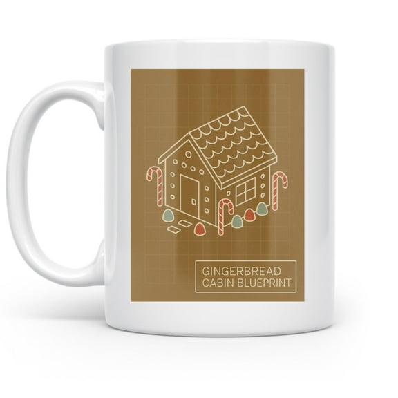 Gingerbread Cabin Cheer 11 oz Coffee Mug - Festive Blueprint Decorating White Ceramic Gift