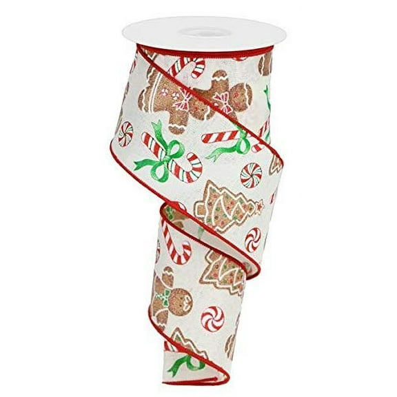 Gingerbread Candy Cane Christmas Ribbon: Ivory Red Emerald Brown 2.5 Inches X 10 Yards