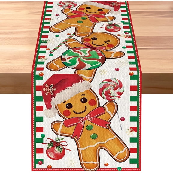 Gingerbread Candy Cane Christmas Table Runner, Christmas Runner for Table, Seasonal Winter Kitchen Dining Table Decoration for Home Party Decor 13.8x71 Inch