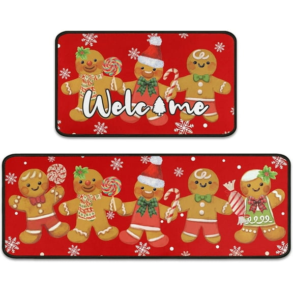 Gingerbread Candy Christmas Kitchen Mats Set of 2, Welcome Winter Home Xmas Decor Low-Profile Kitchen Rugs for Floor, Gingerbread Christmas Decorations for Home 17"X47"+17"X30"