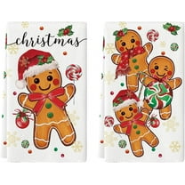 Gingerbread Candy Christmas Kitchen Towels Dish Towels, 18x26 Inch Holiday Holly Xmas Ball Winter Decoration Hand Towels Set of 2