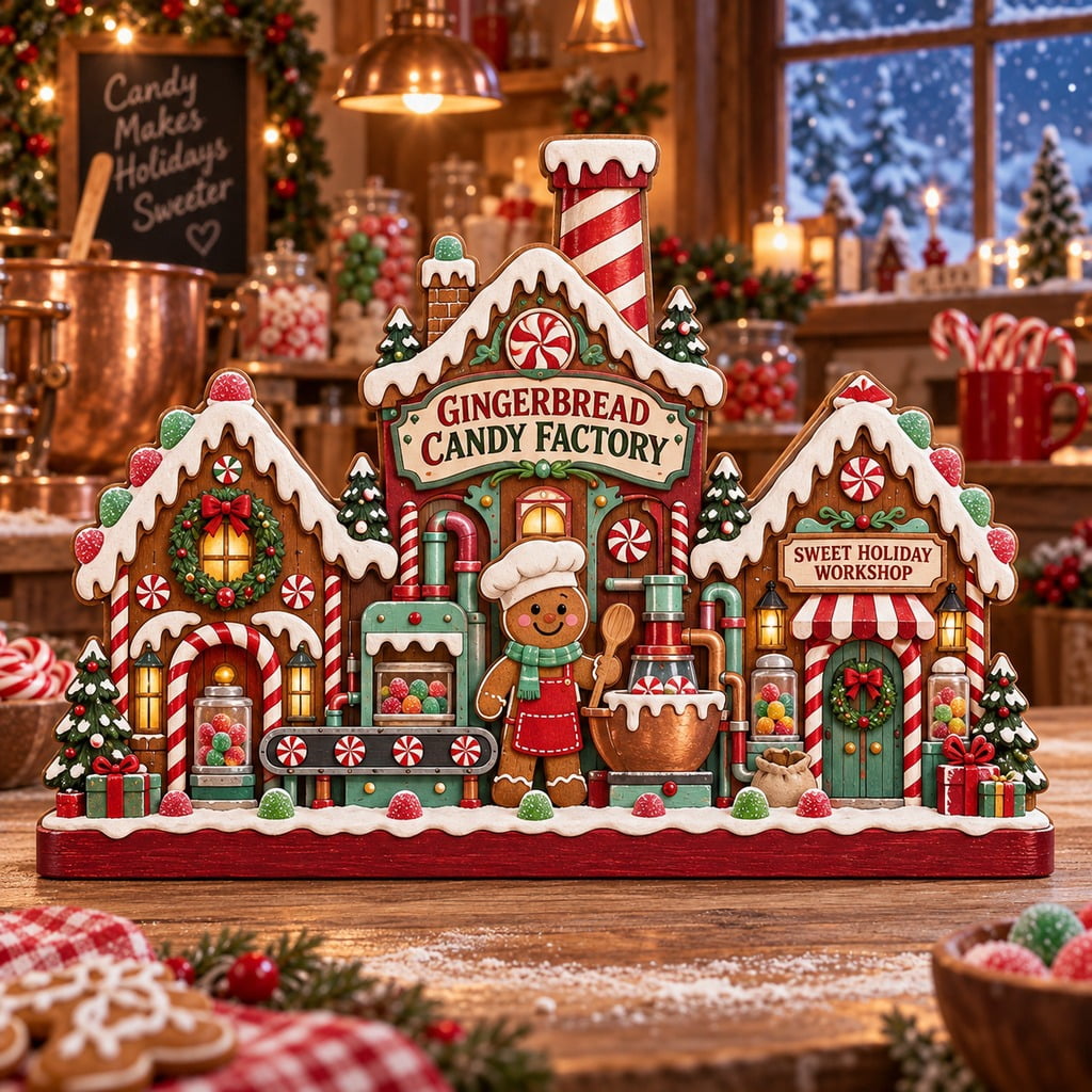Gingerbread Candy Factory Wooden Block 3 Layer Christmas Tabletop Decor ...