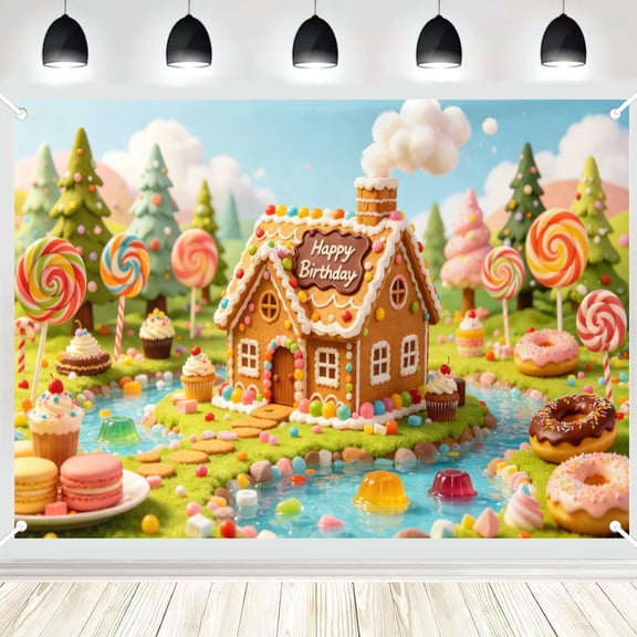 Gingerbread Candy House Birthday Backdrop, Sweet Dessert Themed Celebration Photo Booth Banner Decor 3x5ft