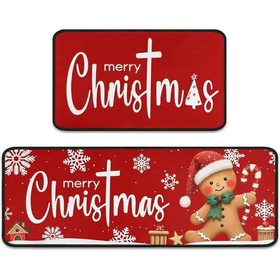 Gingerbread Candy Merry Christmas Kitchen Mats Set of 2, Welcome Winter Home Xmas Decor Low-Profile Kitchen Rugs for Floor, Christmas Decorations for Home Gingerbread Decor 17"X47"+17"X30"