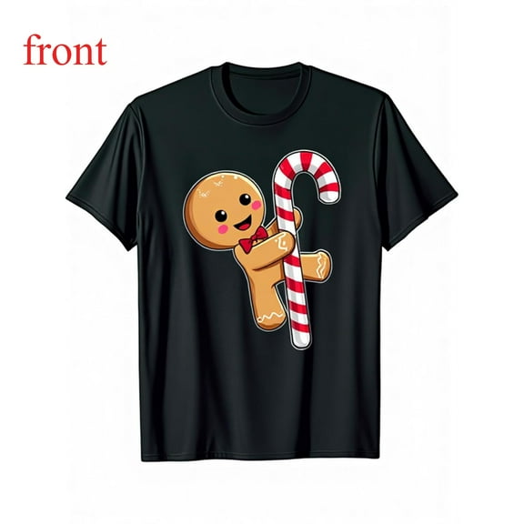 Gingerbread Candy Tee Cotton Casual Stretch Graphic Festive Top Short Sleeve Round Neck Black S-5XL