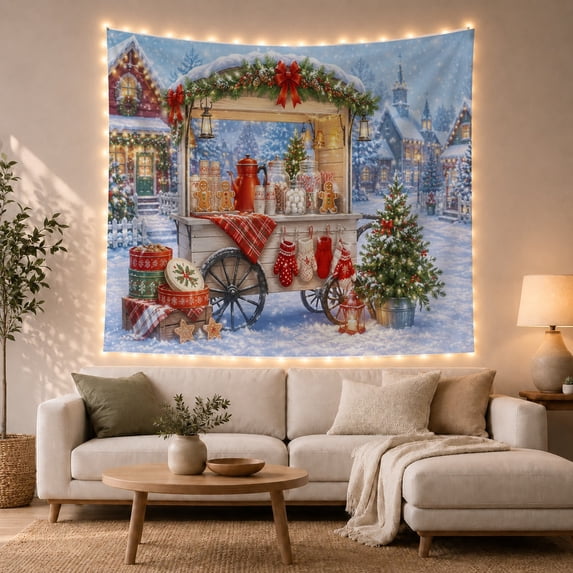 Gingerbread Cart on Snowy Village Street, Cheerful Vintage Style for Christmas Decor Lovers, Storybook Wall Art, Christmas Gift, Tapestry Wall Hanging for Kitchen and Dining Room