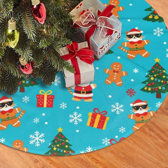 Gingerbread Cats Christmas Tree Skirt 36 Inch Farmhouse Santa Xmas Tree Mat Mini Small Pencil Tree Skirt Soft Festive Tree Base Cover for Indoor Outdoor Home Party Christmas Decorations