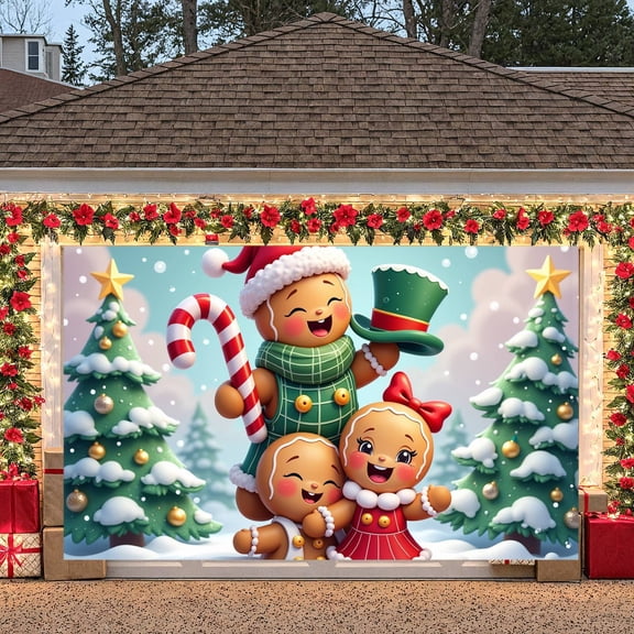 Gingerbread Character Christmas Banner Christmas Tree Holiday Display Candy Cane Santa Hat Xmas Backdrop for Christmas Party Holiday Decoration Family Party