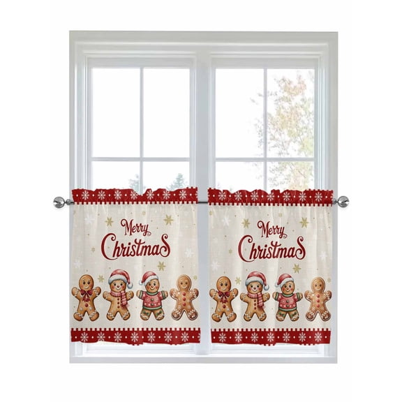 Gingerbread Christmas 2 Panel Kitchen Curtains for Small Windows, Red Snowflake Golden Winter Xmas Bathroom Tier Curtain, Short Window Treatment for Bedroom/Living Room 55"x24"