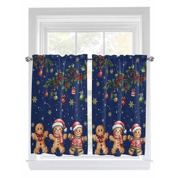 Gingerbread Christmas 2 Panel Kitchen Curtains for Windows, Xmas Balls Branches Navy Blue Bathroom Privacy Curtain, Home Décor Window Treatment for Bedroom/Living Room 55"x45"