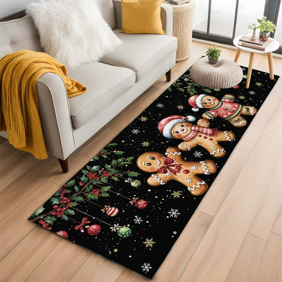 Gingerbread Christmas 2'x6' Runner Rugs for Hallway Kitchen Bedside Non Slip Washable, Xmas Balls Branches Black Entryway Rug Runners with Rubber Backing, Long Carpet Runner for Laundry Room