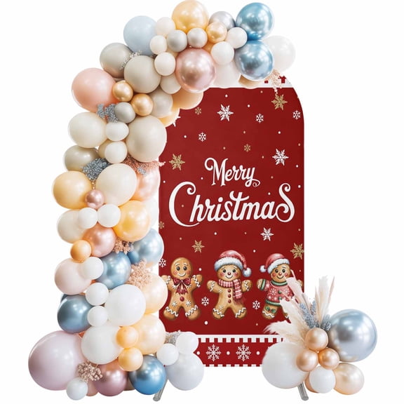 Gingerbread Christmas Arch Backdrop Cover 4x1.65 Ft, Spandex Wedding Arch Stand Cover, Red Golden Snowflake Winter Xmas Round Top Stretch Fitted Background Covers for Birthday Ceremony Party Decor