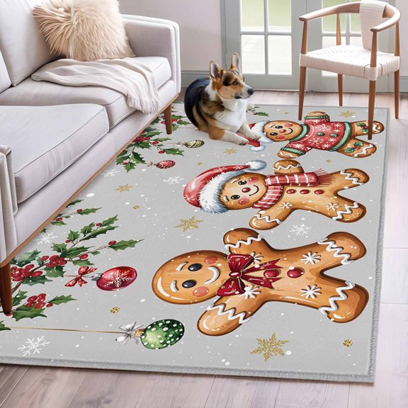 Gingerbread Christmas Area Rugs 2.7'x5', Washable Small Throw Rugs for Kitchen Bedroom, Xmas Balls Branches Grey Indoor Outdoor Rug Non-Slip Low Pile Carpet Runner Reversible Floor Mats