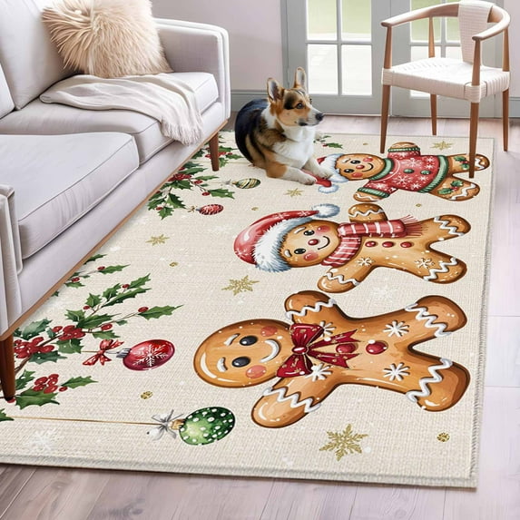 Gingerbread Christmas Area Rugs 3'x5', Washable Small Throw Rugs for Living Room Bedroom, Xmas Balls Branches Farmhouse Indoor Outdoor Rug Non-Slip Low Pile Carpet Runner Reversible Floor Mats