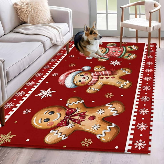 Gingerbread Christmas Area Rugs 4'x6', Washable Small Throw Rugs for Office Bathroom, Red Golden Snowflake Winter Xmas Indoor Outdoor Rug Non-Slip Low Pile Carpet Runner Reversible Floor Mats