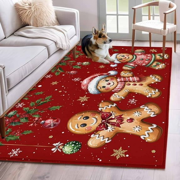 Gingerbread Christmas Area Rugs 4'x6', Washable Small Throw Rugs for Office Bathroom, Xmas Balls Branches Red Indoor Outdoor Rug Non-Slip Low Pile Carpet Runner Reversible Floor Mats