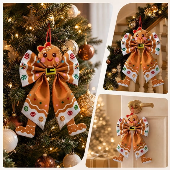 Gingerbread Christmas Character Bow Ornament, Fabric Hanging Decoration with Cartoon Face and Festive Bow Tails for Christmas Tree Door Wreath Wall Holiday Home Decor, 9.06 Inch