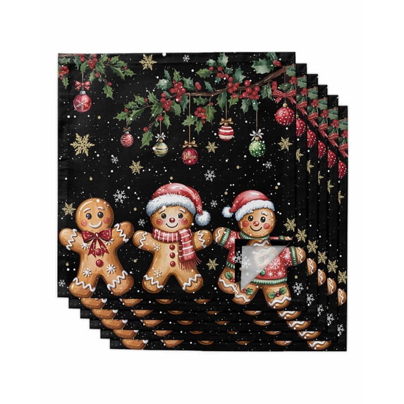Gingerbread Christmas Cloth Napkins Set of 6 Reusable Dinner Napkins, Xmas Balls Branches Black Cocktail Napkin Washable Table Napkins for Wedding/Holiday Party/Baby Shower 20"x20"