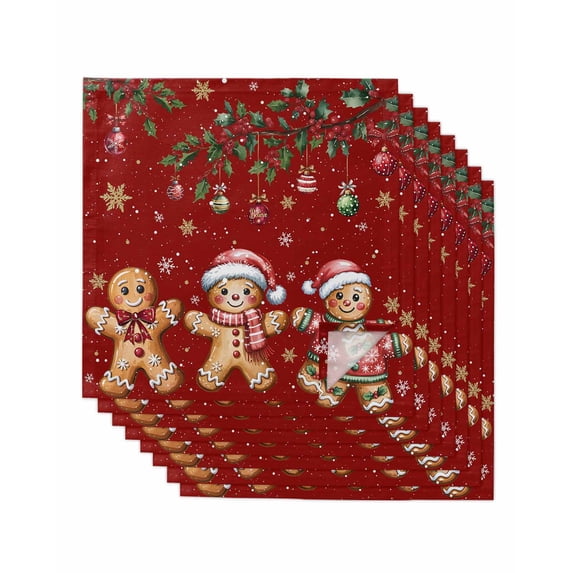 Gingerbread Christmas Cloth Napkins Set of 8 Reusable Dinner Napkins, Xmas Balls Branches Red Cocktail Napkin Washable Table Napkins for Wedding/Holiday Party/Baby Shower 20"x20"
