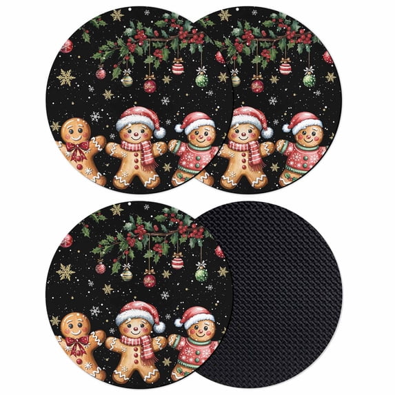Gingerbread Christmas Coasters Set of 4, Absorbent Coasters for Drinks, Xmas Balls Branches Black Coaster for Desk Coffee Table Protection, Home Decor House Warming Gifts 4"