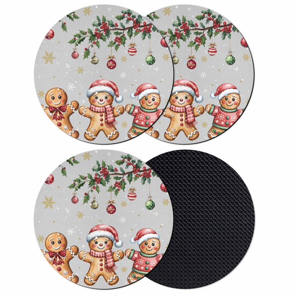 Gingerbread Christmas Coasters Set of 4, Absorbent Coasters for Drinks, Xmas Balls Branches Grey Coaster for Desk Coffee Table Protection, Home Decor House Warming Gifts 4"