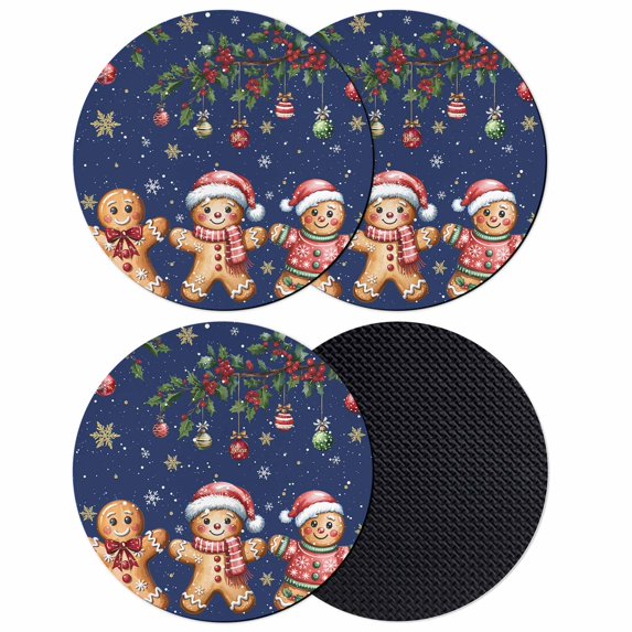 Gingerbread Christmas Coasters Set of 4, Absorbent Coasters for Drinks, Xmas Balls Branches Navy Blue Coaster for Desk Coffee Table Protection, Home Decor House Warming Gifts 4"