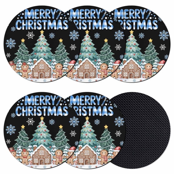 Gingerbread Christmas Coasters Set of 6, Absorbent Coasters for Drinks, Xmas Tree Snowflake Black Coaster for Desk Coffee Table Protection, Home Decor House Warming Gifts 4"